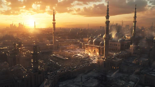 Golden sunset bathes a grand city mosque in gentle light