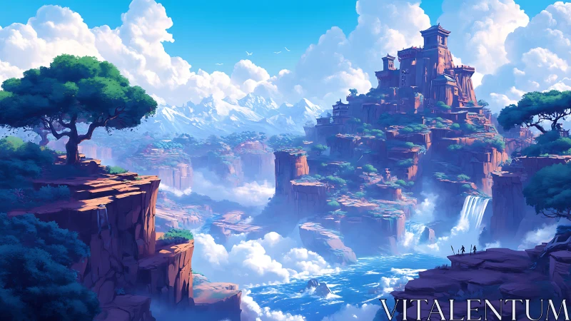 Skybound citadel above cloud-carved canyons and rivers.