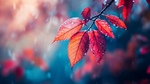 Scarlet autumn leaves in rain with dreamy bokeh glow.