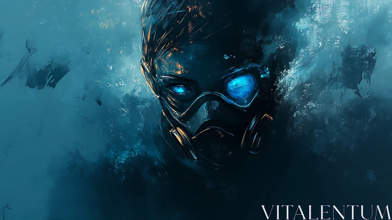 Masked cyber figure glows within cold blue misted void.