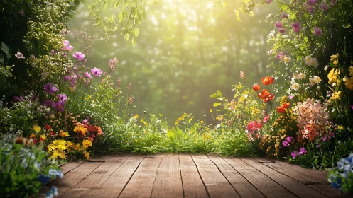 Garden Deck with Flowering Plants and Sunlit Path