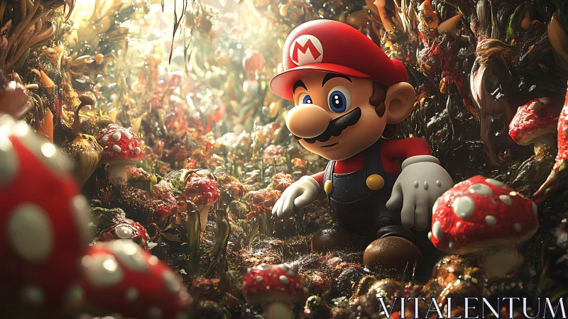 Cartoon plumber figure in dense mushroom forest setting.