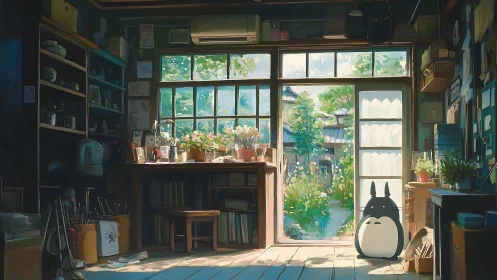Sunlit studio interior with Totoro mascot and layered depth cues