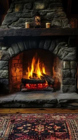 Stone Fireplace with Roaring Fire and Mantelpiece Decor.