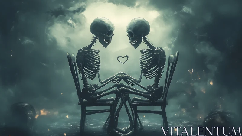 Skeleton couple seated in mist, holding hands calmly.