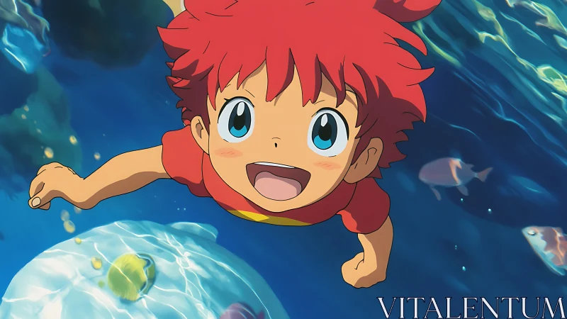 Red haired child swimming underwater with marine life.
