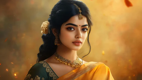Portrait of woman in sari with jewelry on warm backdrop.