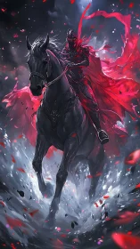 Dark knight on warhorse amid crimson tempest charge.