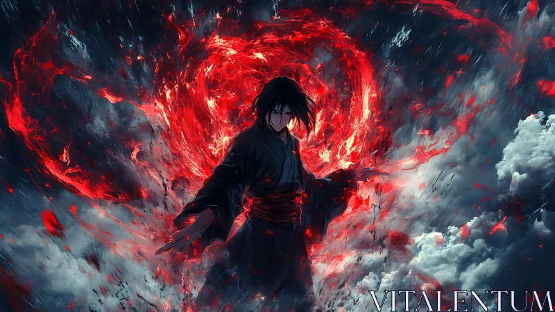 Mystical fire wielder standing within a storm of red power.