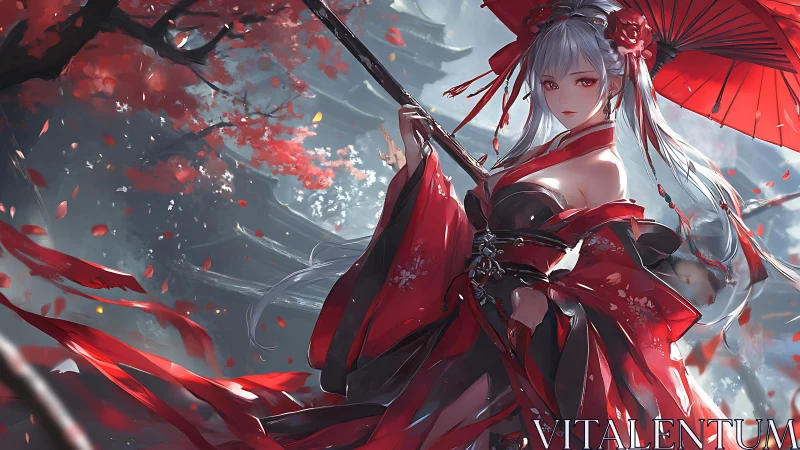 Digital painting of crimson-clad warrior under scarlet parasol.