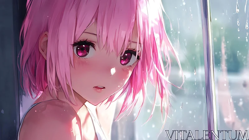 Pink haired anime girl by rainy window, reflective gaze.