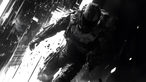 Armored space trooper rushes forward through dynamic debris field