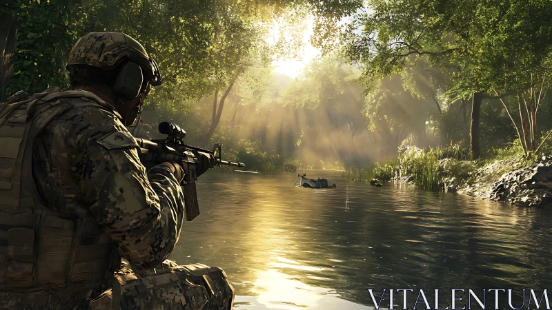 Soldier observes river vehicle in dense forest under sunlight