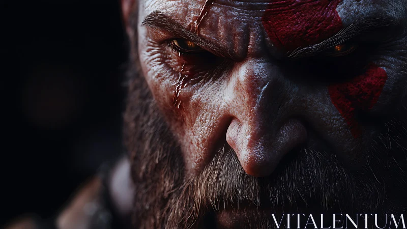 Battle-scarred warrior glares forward in gritty close-up