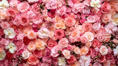 Densely packed floral arrangement displaying multiple rose and flower varieties.