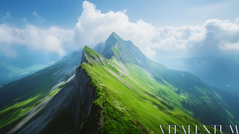 Sunlit alpine ridge cuts through clouds and rolling valleys.