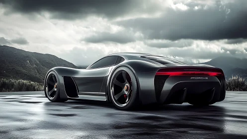 Futuristic Porsche concept car rendered on wet mountain road