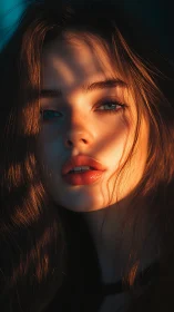 Sunlit gaze melting through shadows and copper-burnished hair.