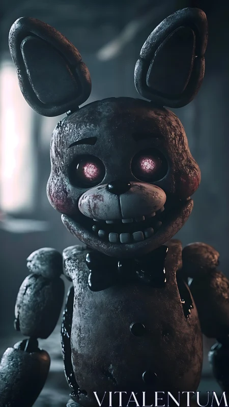 Corroded animatronic rabbit rendered with cinematic depth of field
