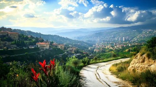 Sunlit hillside town and winding country road at dusk.