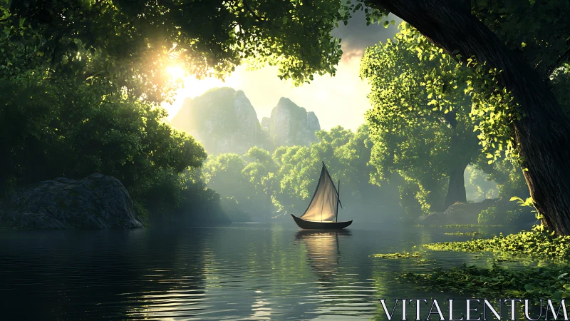 Sunlit sailboat drifting through tranquil forest river.