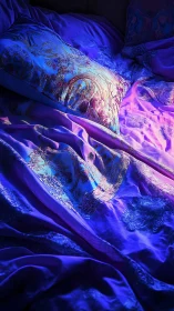 Iridescent brocade bedding under saturated blue-magenta light.