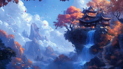 Mountain temple above waterfall framed by autumn foliage glows
