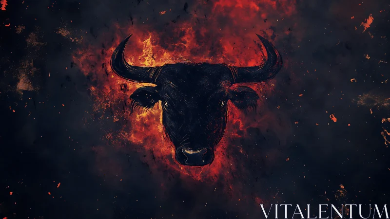 Fiery bull portrait emerges from dark infernal smoke.