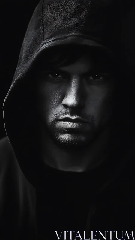 Monochrome close-up portrait shows hooded male subject