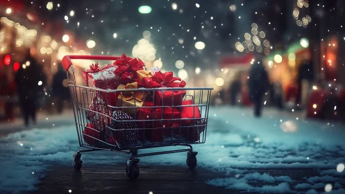 Holiday shopping cart overflows with gifts in falling snow.