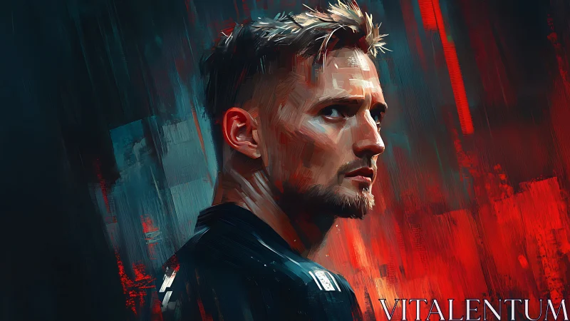 Digital portrait of intense man in red blue abstract light.