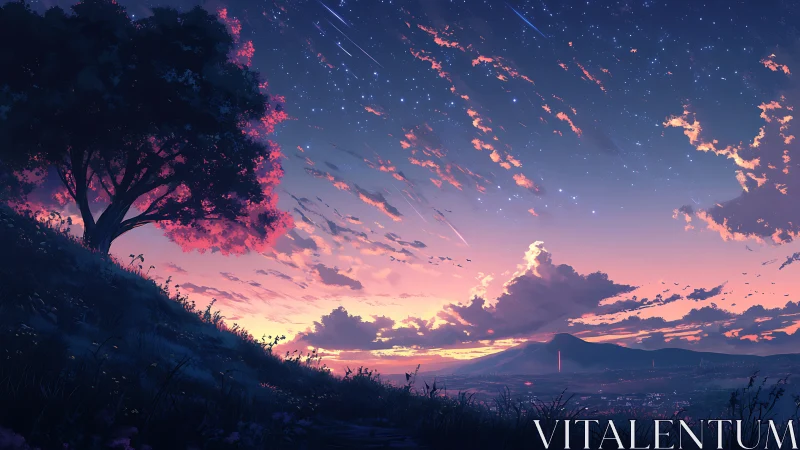 Twilight hillside landscape captures celestial motion above valley
