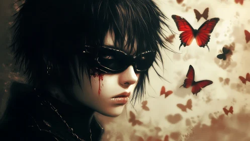 Gothic youth in dark goggles beside red monarch butterflies