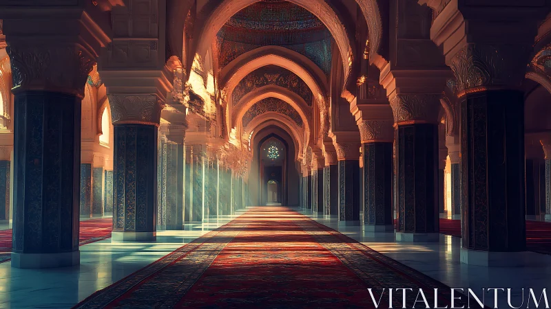 Sunlit arches illuminate a richly patterned mosque interior.