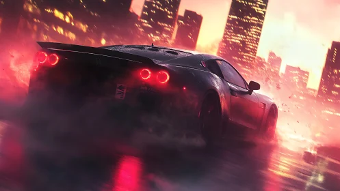 Rear three quarter drift shot of GT sports car in neon rain