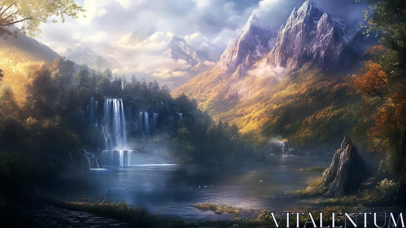 Mountain lake with tiered waterfalls and forested slopes.