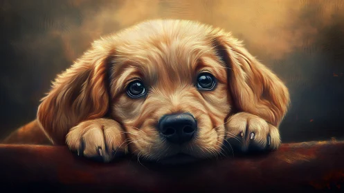 Golden puppy portrait with detailed fur and large eyes.