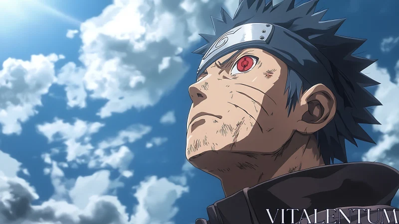 Anime warrior with red eye scarred face under clouded sky.