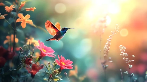 Radiant hummingbird hovers in glowing dreamlike garden.