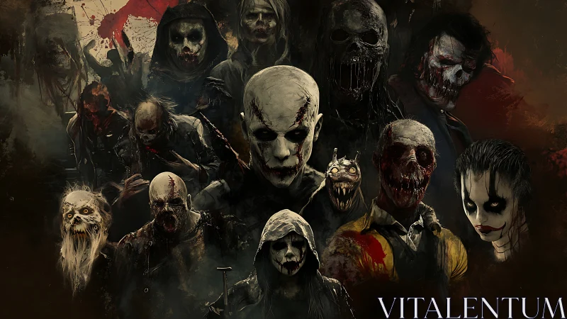Grotesque horror characters cluster together in dark scene