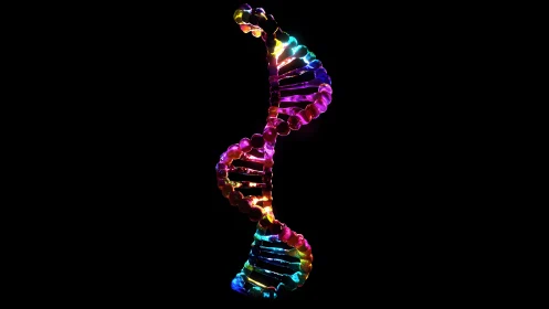 Vibrant Neon DNA Helix Illustration on Black Background.