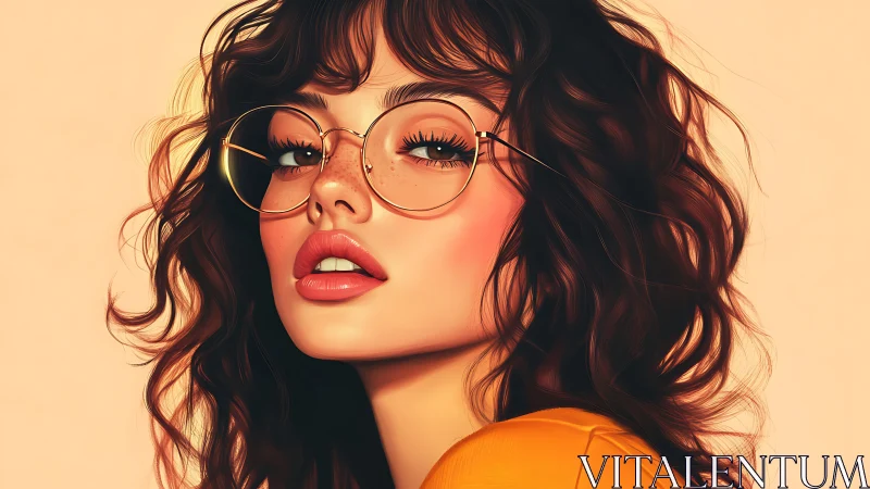 Curly haired girl in round glasses glows in soft peach light