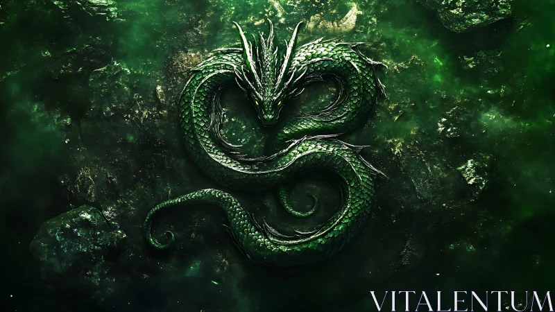 Emerald dragon curled in mystical swirling green depths.