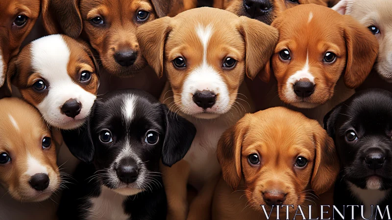Closeup portrait grid of multicolored beagle puppies.
