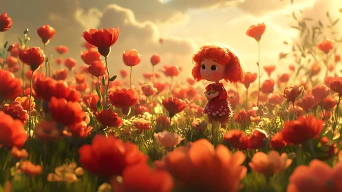 Red haired cartoon child stands in dense red flower field