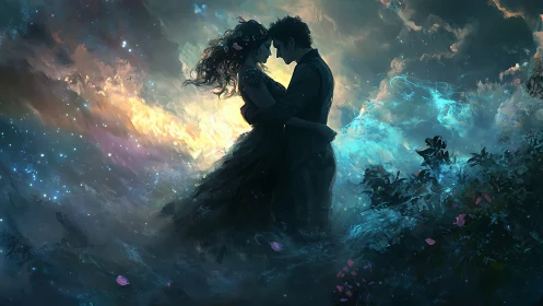 Silhouetted couple embraced against luminous cosmic backdrop with magical aura.