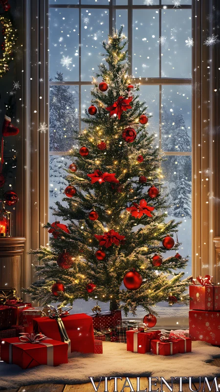Snowy window Christmas tree glows above red wrapped gifts.
