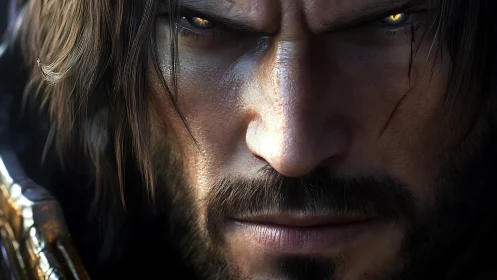 Battle-scarred warrior stares ahead with fierce golden resolve