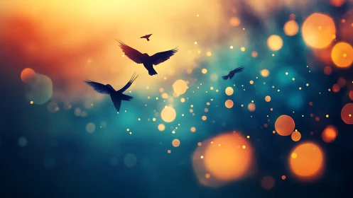 Dusk-swept birds drift through glowing bokeh constellations.
