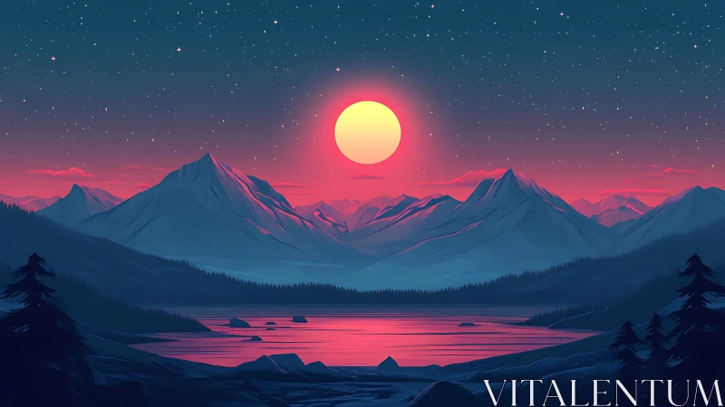 Neon twilight sun bathes tranquil mountains and lake in glow